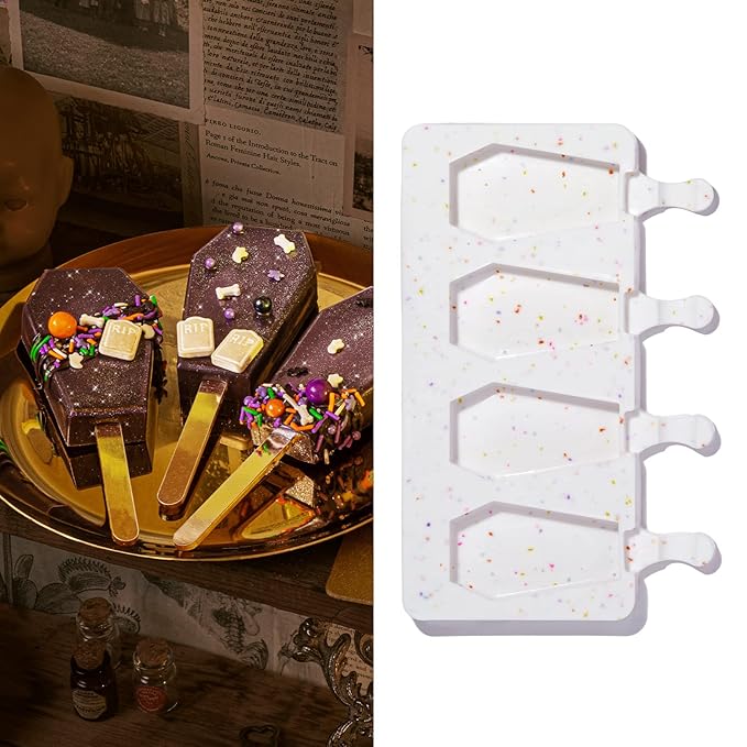 Fancy Sprinkles Elvira Coffin Cakesicle Mold, 4 Cavities Reusable Silicone, For Baking & Dessert Decorating, Includes 8 Dual-Sided Metallic Acrylic Sticks (10 ¼” x ⅞” x 6 ⅜”)