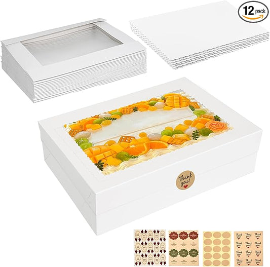 Aufind 12pcs Cake Boxes with Cake Board, 19x14x4.5 Inches White Bakery Boxes with Large Window for Quarter Sheet Cakes, Donuts, Cupcakes, Pastry & Pies (12)