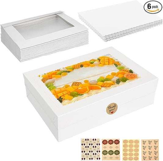 Aufind 6pcs Cake Boxes with Cake Board, 19x14x4.5 Inches White Bakery Boxes with Large Window for Quarter Sheet Cakes, Donuts, Cupcakes, Pastry & Pies