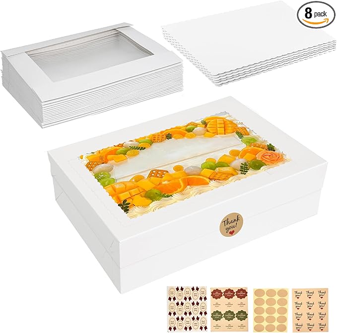 Aufind 8pcs Cake Boxes with Cake Board, 19x14x4.5 Inches White Bakery Boxes with Large Window for Quarter Sheet Cakes, Donuts, Cupcakes, Pastry & Pies (8)