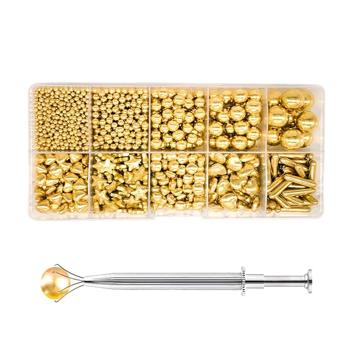 HIFUNBK Gold Sprinkles and Precision Applicator Kit, 10 in 1 Mixed Metallic Golden Baking Decorating Set with Sugar Pearl Tweezers for Cake Decoration, 200g (Gold)
