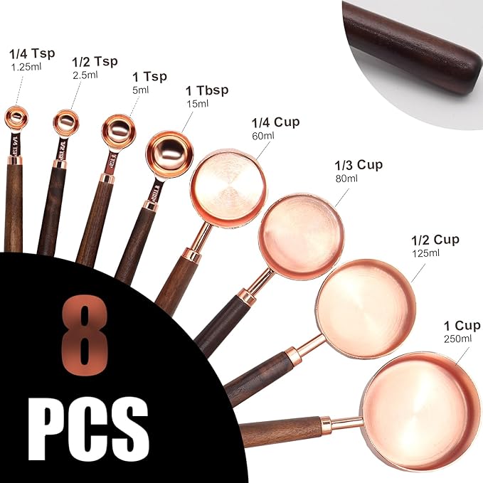 Gold Measuring Cups and Spoons Set, 8 Piece Premium Stainless Steel Measuring Cups with Wood Handles for Baking Supplies in the Kitchen (Rose Gold)