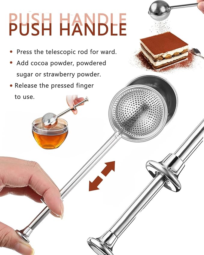 2 PCS Flour Sifter, Loose Tea Diffuser Portable Tea Strainer with Handle Tea Filter Powder Sugar Shaker Sifter Duster Baker's Dusting Wand Dispenser for Flour Spices Flour Sprinkler for Bread Baking