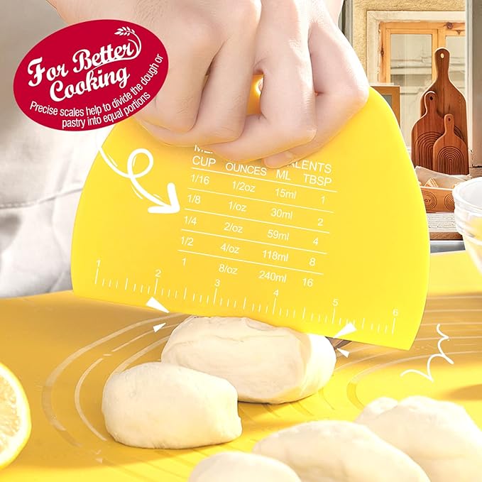 Teenitor 2 Pieces Dough Cutter, Bench Scraper Plastic, Sourdough Scraper, Dough Scraper with Measuring Scale, Multipurpose Food Scrapers for Dough, Cake, Bread, Icing Yellow and Green
