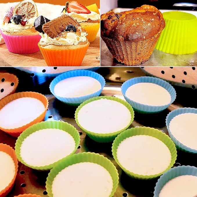 Extra Large Silicone Cupcake Muffin Cups 12 Pack, 3.54 Inch Muffin Liners, Reusable Jumbo Silicone Baking Cups Easy to Clean, Great for Cupcake, Mousse(Multicolor)