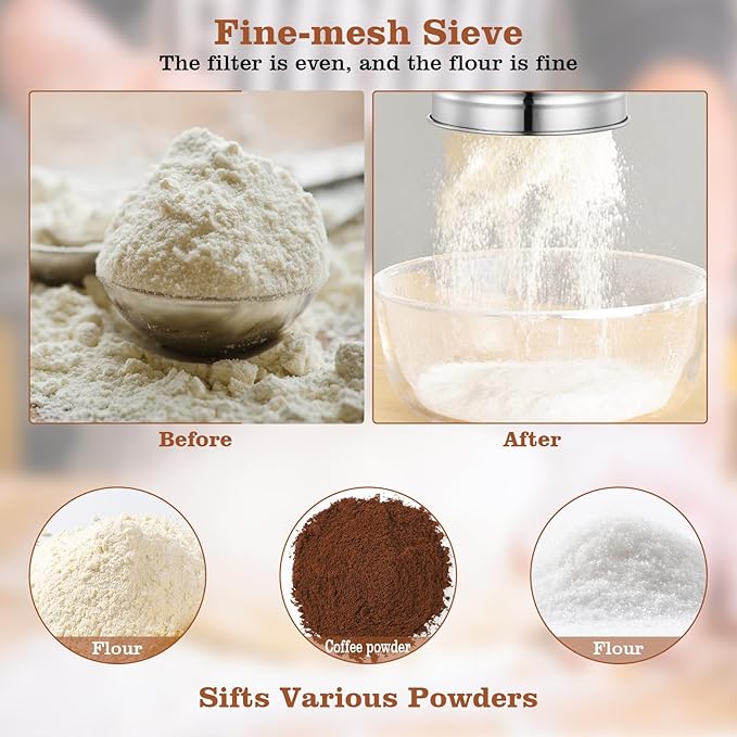 Flour Sifter for Baking, 304 Stainless Steel 5 Cup Flour Sieve Fine Mesh Screen Powder Sifters with Loop Agitator for Quick Sifting, Hand Crank Sifter for Cooking Baking Kitchen Sugar Utensil DIY