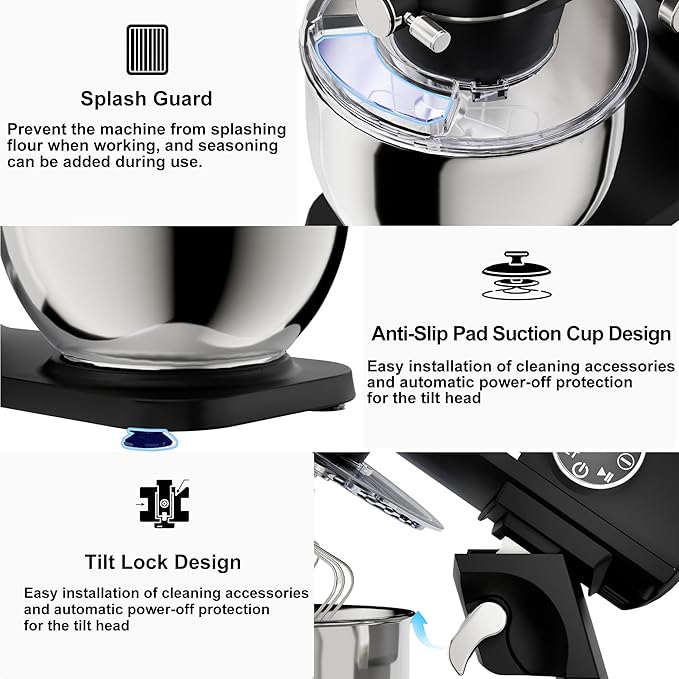 8.45 QT All Metal Dough Mixer,10 Speed Large Capacity Kitchen Stand Mixer with Digital Timer & Tilt-Head, Electric Mixer with Whisk Dough Hook Mixing Beater for Baking,Cakes,Cookie,Bread,Salad(Black)