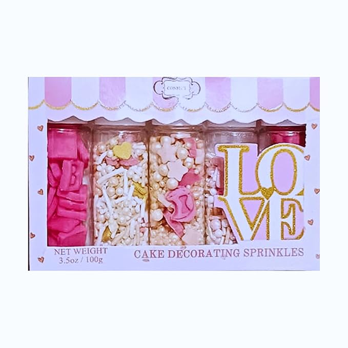 Confect Girls Baby Shower Sprinkles | Mix Gold, Pink & Silver Sprinkles | Pearls Dragees & Jimmies | Asssorted Pack of 5 Mix Heart, Start, Baby Rattle & Teddy Sprinkles | Vegan, Gluten-Free, Nut-Free, Soy-Free, Dairy-Free, Palm Oil-Free - 5 Oz