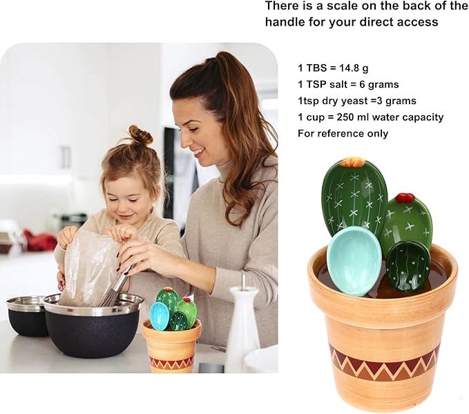 5 Pieces Measuring Spoons Set/Ceramics Spoons and Measuring Base Cup/for Dry and Liquid Ingredient, Cute Cactus Shape (Wave base)