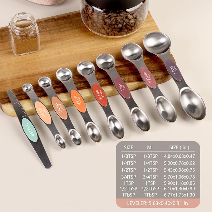 Pack of 8 Stainless Steel Magnetic Measuring Spoons Set, Dual Sided, Stackable, Adjustable Teaspoon and Tablespoon Measure Spoon with Leveler, Kitchen Gadgets