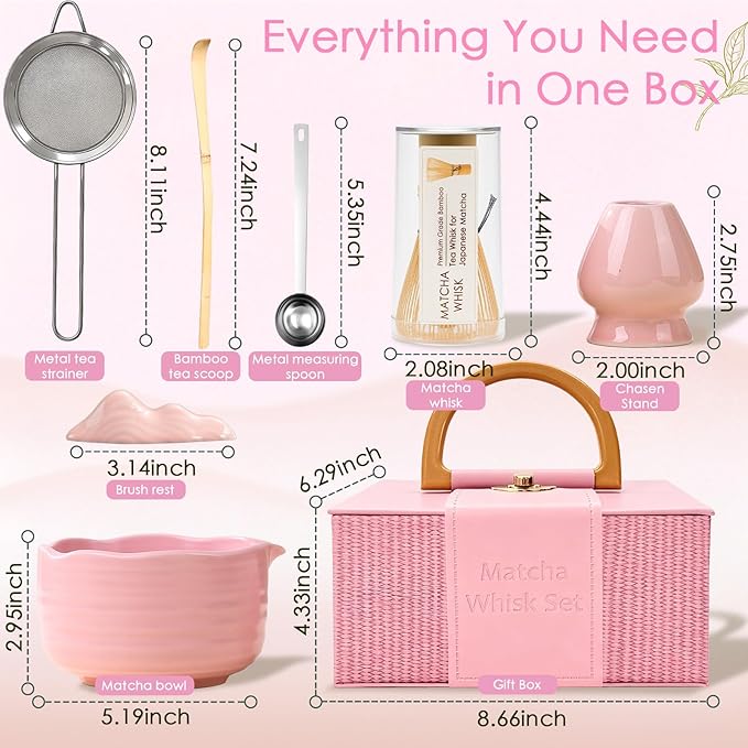8Pcs Matcha Whisk Set, Matcha Set Includes Ceramic Matcha Bowl, Whisk and Holder, Bamboo Scoop, Scoop Rest, Sifter, Measuring Spoons and Tea Towel Tea Kit Gift Set for Women (Pink)