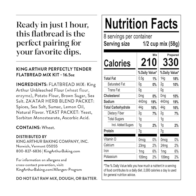 King Arthur Baking Company Perfectly Tender Flatbread Mix Kit 16.5 oz., Baking Mix - Ready in 1 hour (Pack of 2)