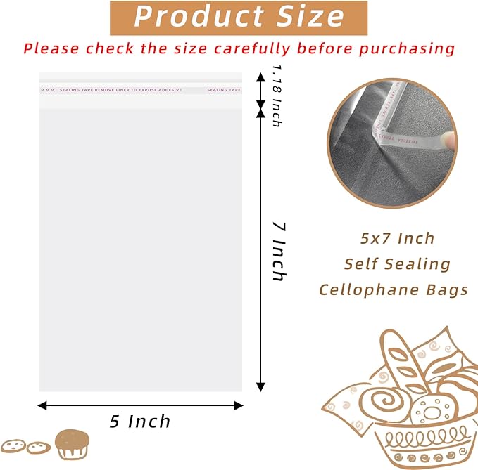5x7 Inch Cookie Bags, 120 Pcs Clear Self Sealing Cellophane Treat Bags for Candy, Jewelry, Gift Wrapping, Party Favors, Crafts, Cookie Wrappers Self Adhesive