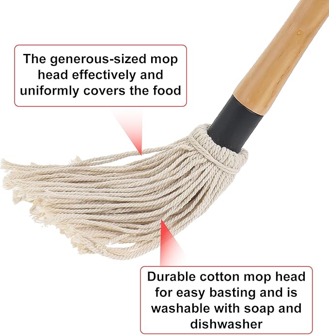 18“ BBQ Mop Brush Set - 4Pcs Grilling Basting Mop with 12Pcs Replacement Heads - Wooden Long Handle BBQ Mop for Basting Steak Marinade Sauce
