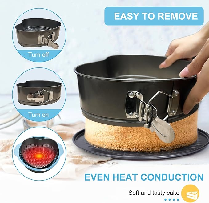 8.7 In Springform Pan, heart Leakproof Nonstick Removable Bottom Cheesecake Pan, Baking Silicone Protector with 3PCS icing smoother