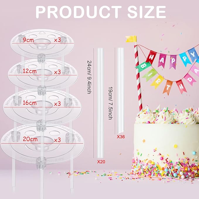 Marsui 68 Pcs Plastic Cake Dowel Rods Set 20 Clear Plastic Dowel Rods12 Stacking and 20 Separator Plates for 4, 6, 8, 10 Inch Cakes