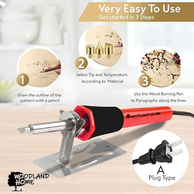 Wood Burning Kit. Pyrography Pen Fully Adjustable Temperature With safety Stand. 27 Tips with Cutting Blade, Stencils and Deluxe Case