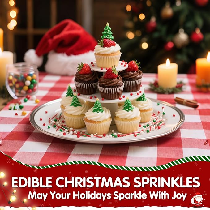 Christmas Sprinkles for Cake Decorating,100g White Red and Green Jimmies Mix,Edible Sugar Holiday sprinkle for Cupcake Toppers, Cookie, Ice Cream Decorations Christmas Party