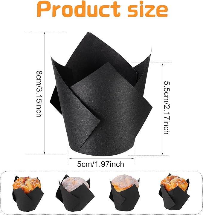Jutom 200 Pack Tulip Cupcake Liners Paper Baking Cups Greaseproof Muffin Liners Grease Resistant Cupcake Wrappers for Weddings Birthday Cake Balls Muffins Candy Jelly Party(Black)
