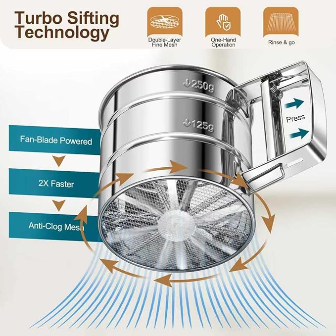 Flour Sifter,Upgraded 3-Cup Flour Sifter for Baking, One-Hand Press 3-in-1 Sifter with Double-Layer Fine Mesh, Stainless Steel Flour Sieve Baker for Quick Sifting and Super Smooth Dough Dusting