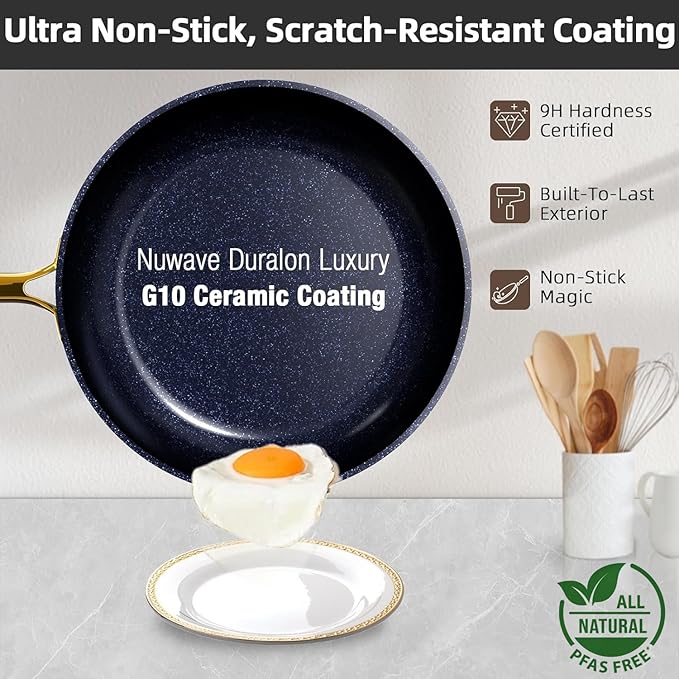 Nuwave 12pc Forged Lightweight Cookware Set, G10 Healthy Duralon Ceramic Ultra Non-Stick Coating, Vented Tempered Glass Lids, Stay-Cool Handles, Induction-Ready & Works on All Cooktops, PFAS Free