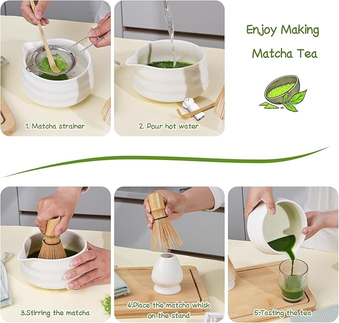 7 Pcs Matcha Whisk Set Macha Kit with Chawan Spout Bowl Bamboo Brush Chasen Holder Powder Starter Sifter Ceramic Japanese Making Matcha Tea Tool with Spoon and Tea Towel for Ceremony Gift (White)
