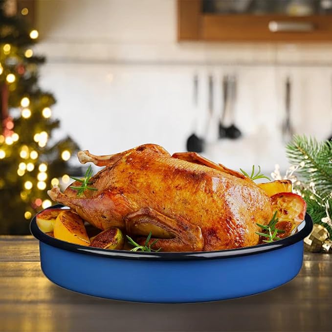 3-Pack Enamel Roasting & Baking Pan Set 10/12/14 Inch Round Deep Cake Pans for Turkey Pizza Casseroles Desserts Oven & Dishwasher High Temperature Resistance Thanksgiving Holiday Gifts & Baking Dishes
