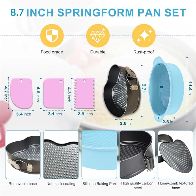 8.7 In Springform Pan, heart Leakproof Nonstick Removable Bottom Cheesecake Pan, Baking Silicone Protector with 3PCS icing smoother