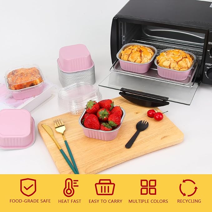 LNYZQUS 120pack/10oz Mini Cake Foil Pans with Lids, 4”x4” Large Cupcake Pan Disposable Ramekins,Small Brownie Baking Cups Square Muffin Tin Cheesecake Containers Holders-Pink