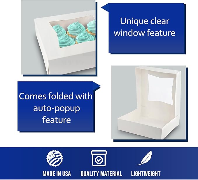 MT Products White Cookie Box 8" x 8" x 2.5" - Auto Pop-Up Bakery Boxes with Window (Pack of 15) - Made in USA