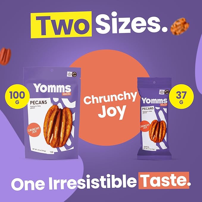 Yomms Crunchy Joy Pecans Halves – Low Sugar Healthy Dessert Snack | Sweet Coconut & Crunchy Pecan Snack | Lightly Sweetened, Honey Roasted Mixed Nuts | Great for Snacking, Salads - 1.3oz - Pack of 6