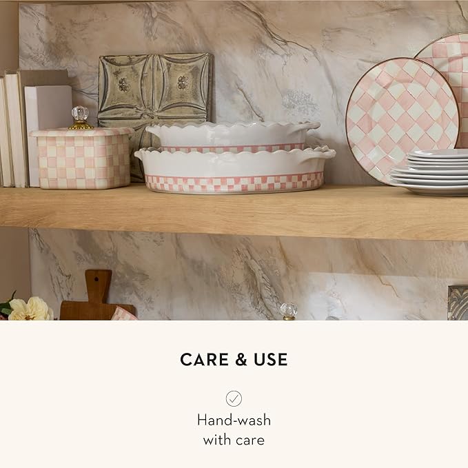 MACKENZIE-CHILDS Everyday Oval Casserole Baker, Cute Oven Baker, Large, Pink-and-White Rosy Check