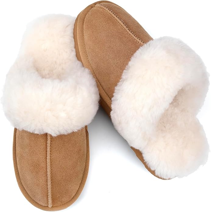 Parfeying Women's Sheepskin House Slippers Indoor Outdoor Shearling Shoes for Women