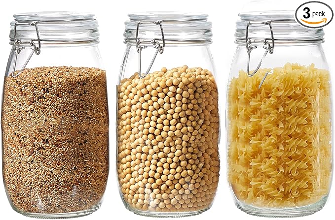 3 Pack 51oz Food Storage Jars with Airtight Lids, Preserving Seal Wire Clip Fastening Glass Containers, Canisters for Kitchen Organization, Flour, Cereal, Pasta, Sugar, Beans, Pickling Jars(51 Oz*3)