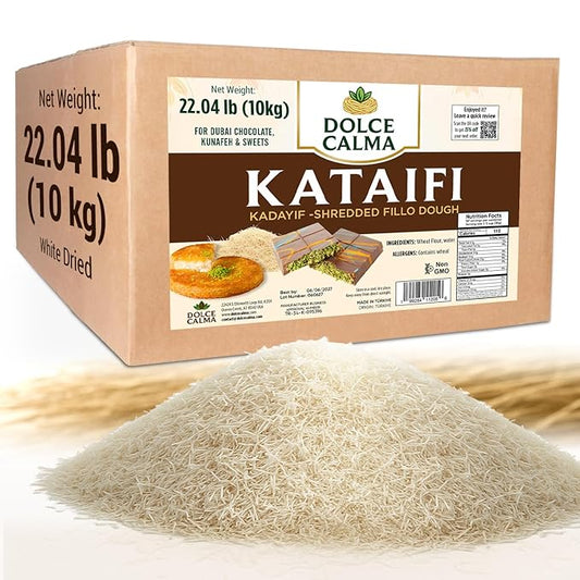 Dolce Calma Bulk Dried Kataifi Dough 22 lb Large Pack | Kadayif for Dubai Chocolate Bar, Kunafa & Baklava Desserts | Shredded Fillo for Bakery & Catering Use