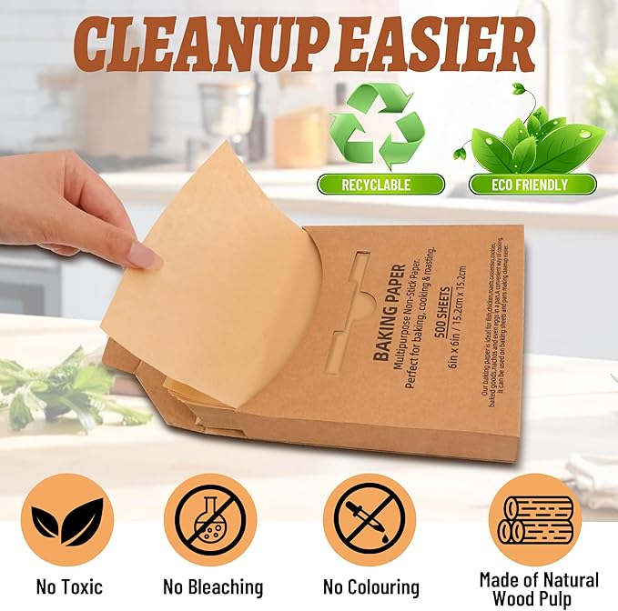 500 Pcs Parchment Paper Baking Sheets, 6"x6" Precut Non-Stick Baking Parchment Paper Sheets Bun Sheet Pan Liners.Baking Grilling Air Fryer Steaming Bread Cup Cake Cookie (Brown-6"x6")
