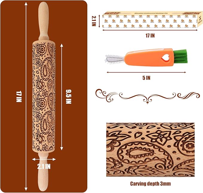 17" Premium Wooden Rolling Pins for Baking with European Embossed Designs | 3mm Deep Springerle Cookie Molds | Christmas Rolling Pin & Baking Gifts for Women | Includes 3-in-1 Cleaning Brush
