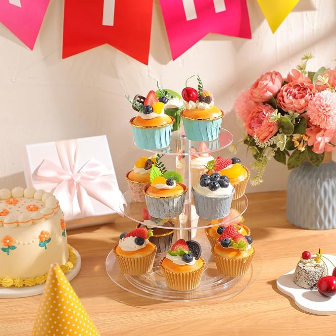 Tiered Cupcake Display Stand Rotatable Cake and Cupcake Tower Stand Combo Clear Acrylic Cake Holder with Tiered Tray for Dessert Pastry Birthday Wedding Party Table(3 Tire and Round)