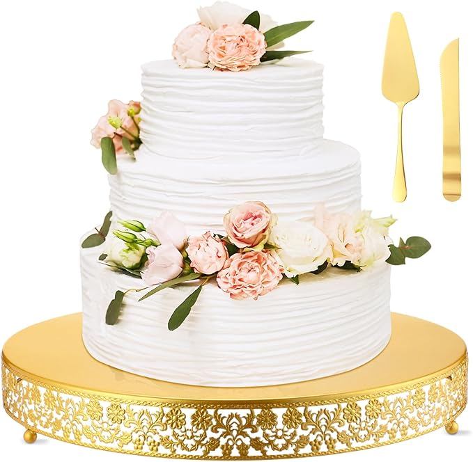 Wenqik 18 Inch Gold Metal Cake Stand Set Round Cupcake Dessert Stand with Cake Cutting & Spatula Candy Table Display for Party Wedding Birthday Baby Shower Housewarming Party Celebration