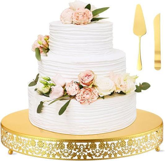 Wenqik 18 Inch Gold Metal Cake Stand Set Round Cupcake Dessert Stand with Cake Cutting & Spatula Candy Table Display for Party Wedding Birthday Baby Shower Housewarming Party Celebration