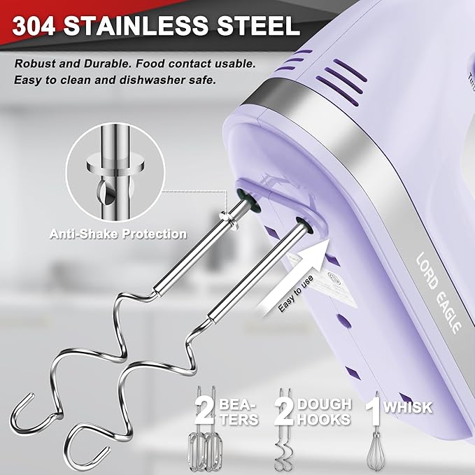 Lord Eagle Hand Mixer Electric 400W, 5 Speed handheld Mixer, 5 Stainless Steel Accessories for Baking Cake Egg Cream Food Beater, Turbo Boost/Self-Control Speed + Eject Button, Purple