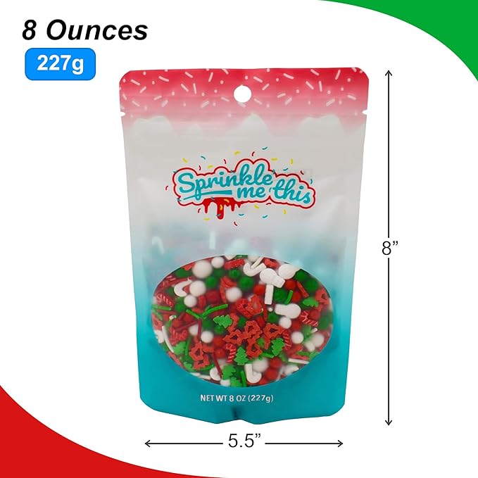 A Treat for St. Nick - 8 Oz Resealable Bag - Christmas Themed Sprinkles - Featuring Red, Green and White Pearls, White Candy Canes and Snowmen - Cake and Ice Cream Sprinkles