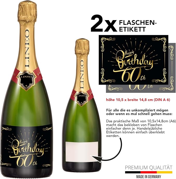 2-Pack Birthday Bottle Labels, Self-Adhesive “HappyBirthday” Stickers for Champagne & Wine Bottles, Fun Gift Idea for Men & Women, 5.8 x 4.1 in (60th Birthday)
