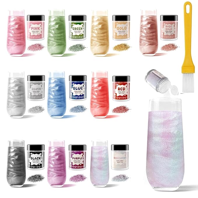 Christmas Drinks Edible Glitter Set for Cocktails - 10 Colors Luster Dust Edible, Drink Food Grade Shimmer Sprinkle Powder for Cakes, Wines, Candy, Cookie, Chocolate, Fondant, Vegan Decoration (3g/Bottle)