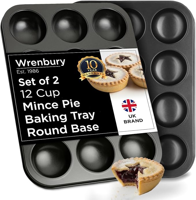 Wrenbury Mince Pie Baking Pan Set of 2 - Commercial Grade Premium Non Stick Carbon Steel - 12 Cup Food Safe Easy Clean Shallow Patty Tins