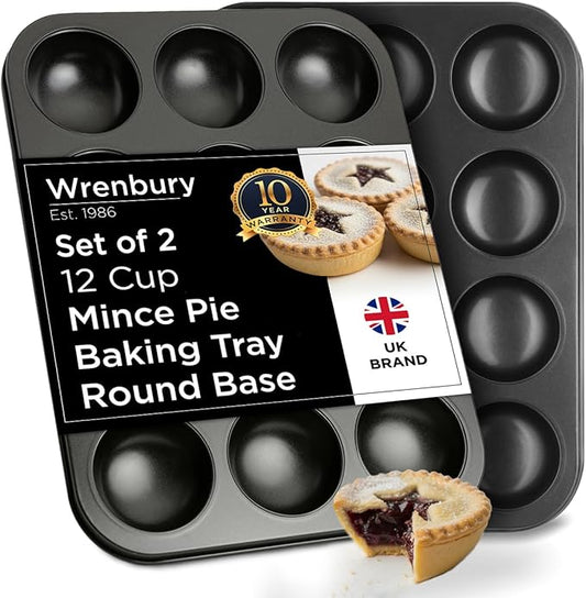 Wrenbury Mince Pie Baking Pan Set of 2 - Commercial Grade Premium Non Stick Carbon Steel - 12 Cup Food Safe Easy Clean Shallow Patty Tins