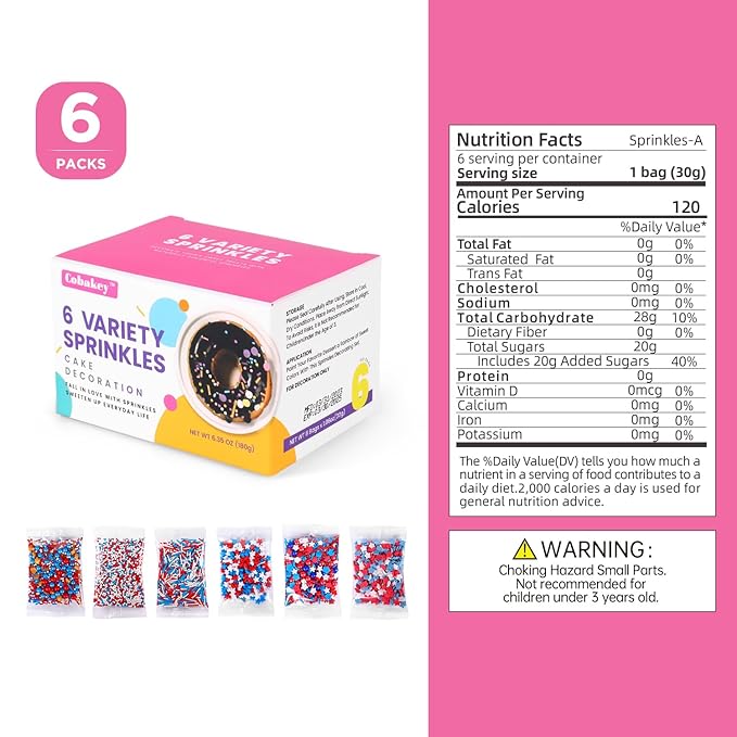 Edible Patriotic Sprinkles Nonpareils Red White and Blue 4th of July for Cake Decorating Baking, Ice Cream, Cookies, Cupcake Topper (6 Packs)