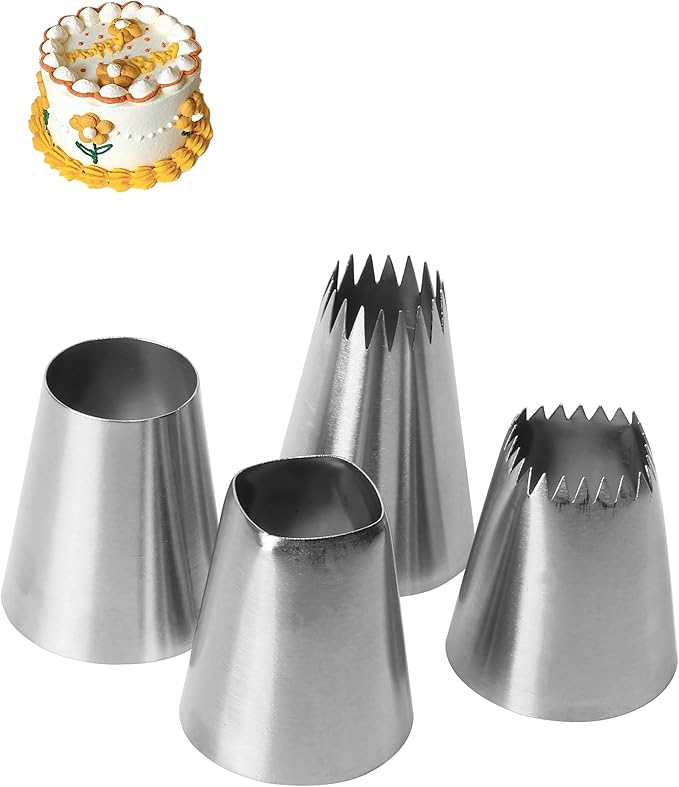 4Pcs X-Large Stainless Steel Square Round Piping Nozzles Set,Stainless Steel Icing Nozzles Piping Kit for Cake Decorating,Piping Tips Set