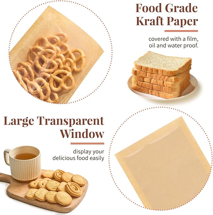 100 Pack Heat-Sealable Cookie Bags with Window, 5.1 x 7.5 Inches Small Clear Front To Go Bakery Bags, Grease Resistant Kraft Paper Treat Sleeves for Packaging Snack Donut Pastry (Brown)