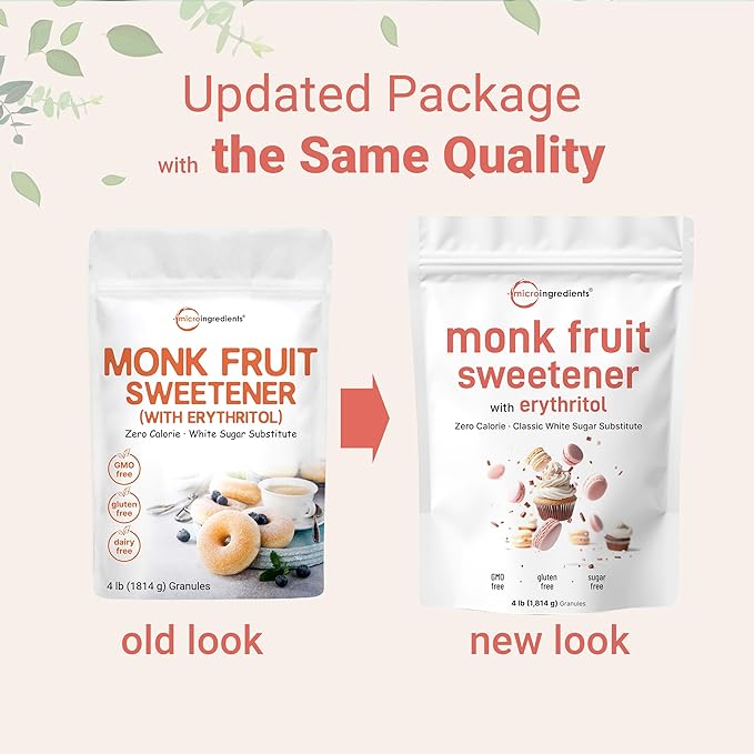 Monk Fruit Sweetener with Erythritol Granules, 4 Pounds, No After Taste, 1:1 White Sugar Substitute, Keto Diet Friendly, Zero Calorie, Natural Sweetener for Drinks, Coffee, Tea, Cookies, No-GMO, Vegan